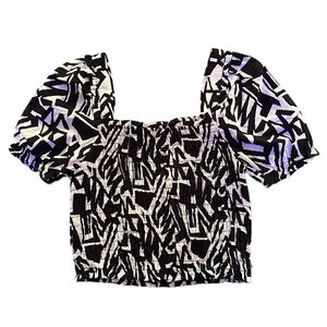 Monteau Crop Smocked‎ Top Linen Blend XL Black White Tribal Print Puff Sleeves
